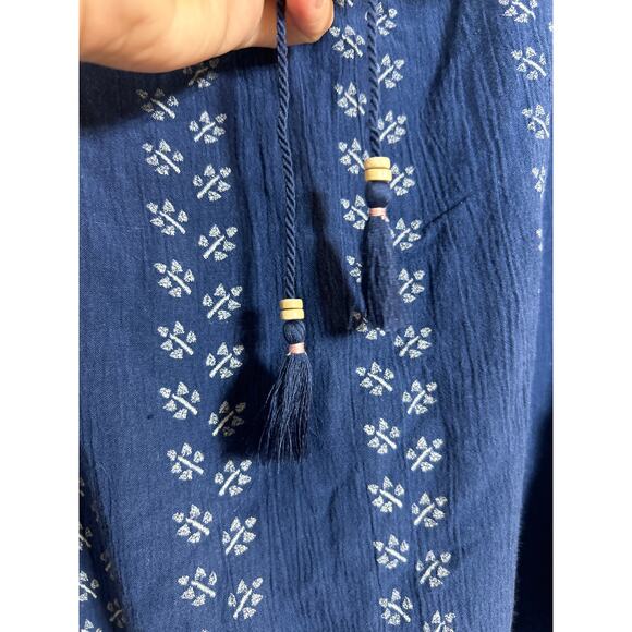 J Jill Dress Large Blue Embroidered Floral Pockets Tassel Knee Length Boho Flowy - Picture 4 of 13